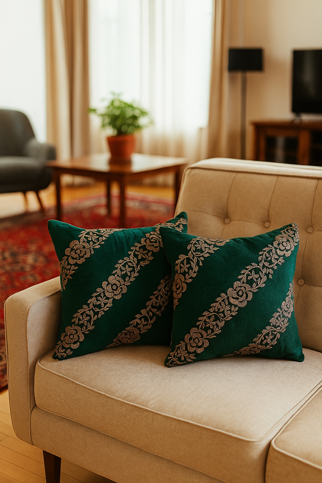 Handmade velvet Cushion Cover Emerald green (Diagonal Stripes)