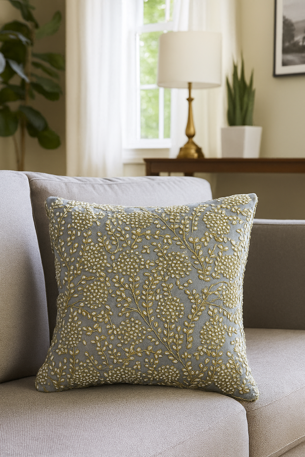 Handmade Velvet Beaded Cushion Cover (Grey Gold and Pearl)