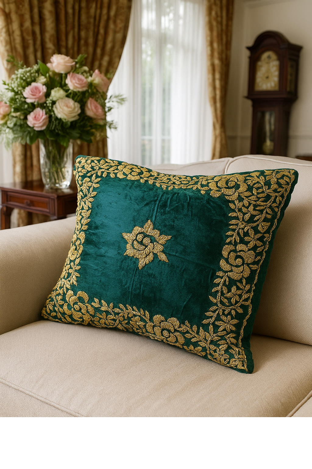 Handmade Traditional velvet Cushion Cover (Green and Gold)