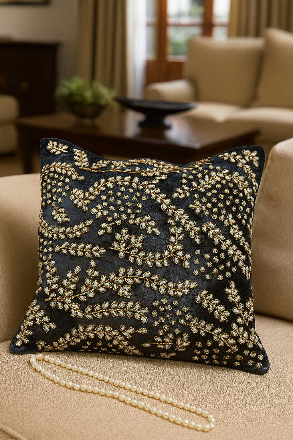 Handmade Velvet Cushion Cover (Black Gold and Pearl)