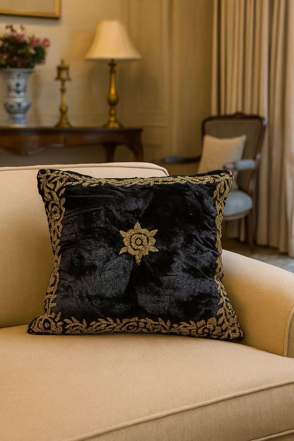 Black and Gold Handmade Cushion Cover (Traditional design)