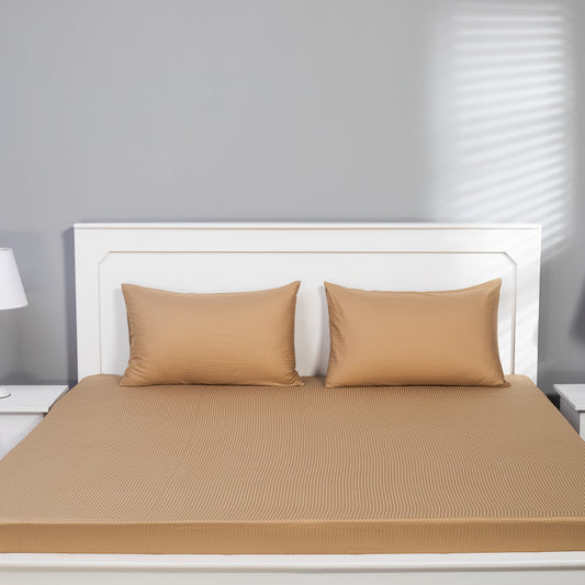 Fitted Bedsheet  ( Mud Brown With Narrow White Stripes )