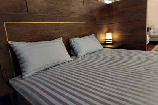 Premium Quality Bed Sheet Set (Light grey narrow stripes)