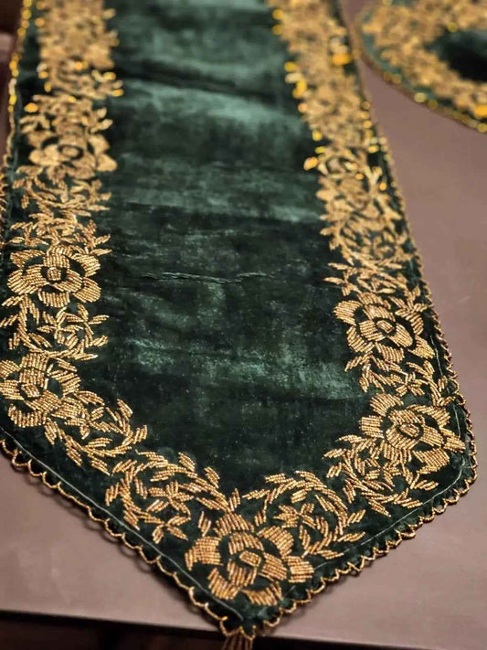 Emerald Green Handmade Beaded Table Runner Set ( Border Design)