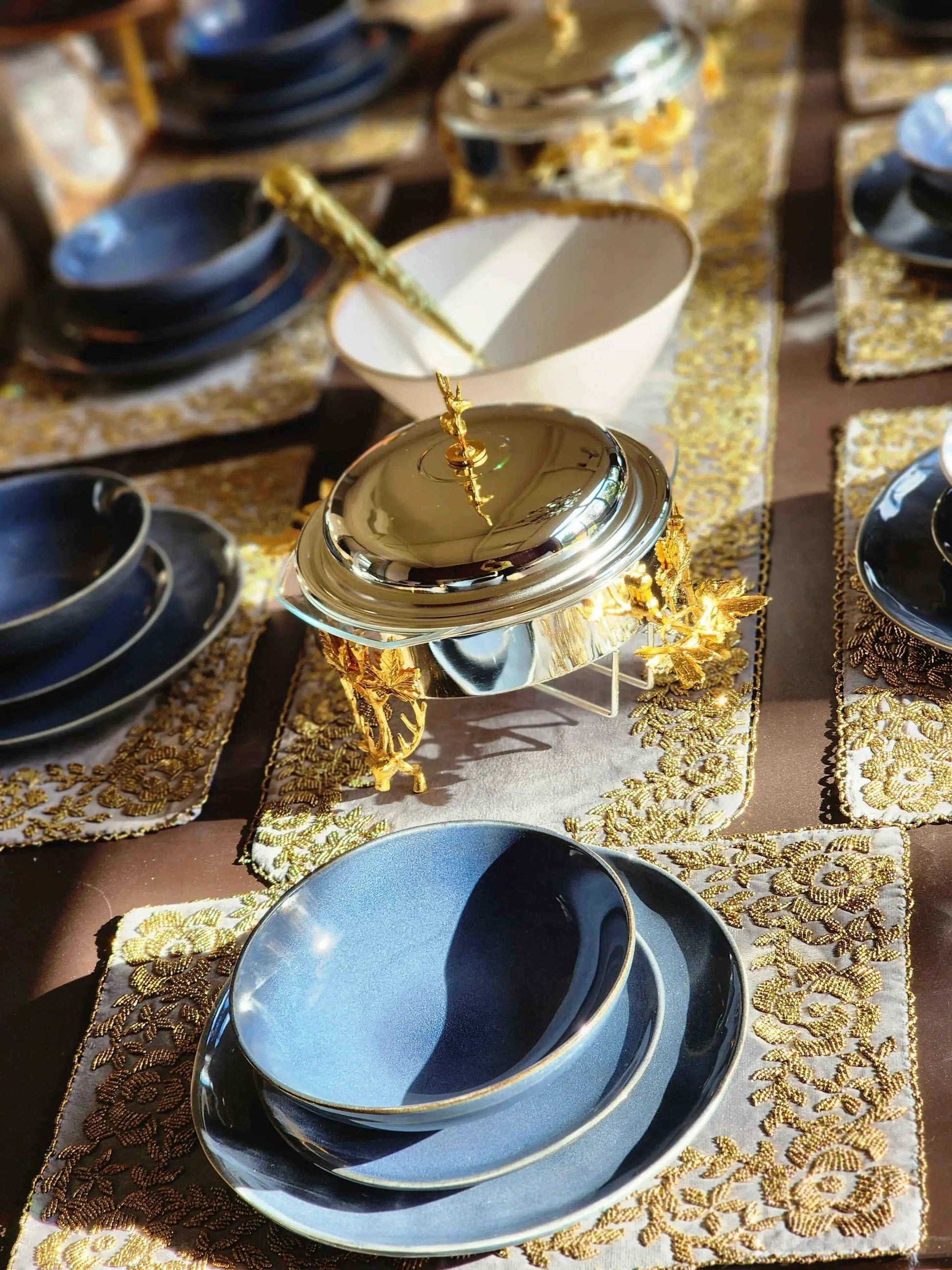 Grey and Gold Handmade Beaded Table Runner Set (Border Design)