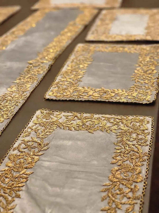 Grey and Gold Handmade Beaded Table Runner Set (Border Design)