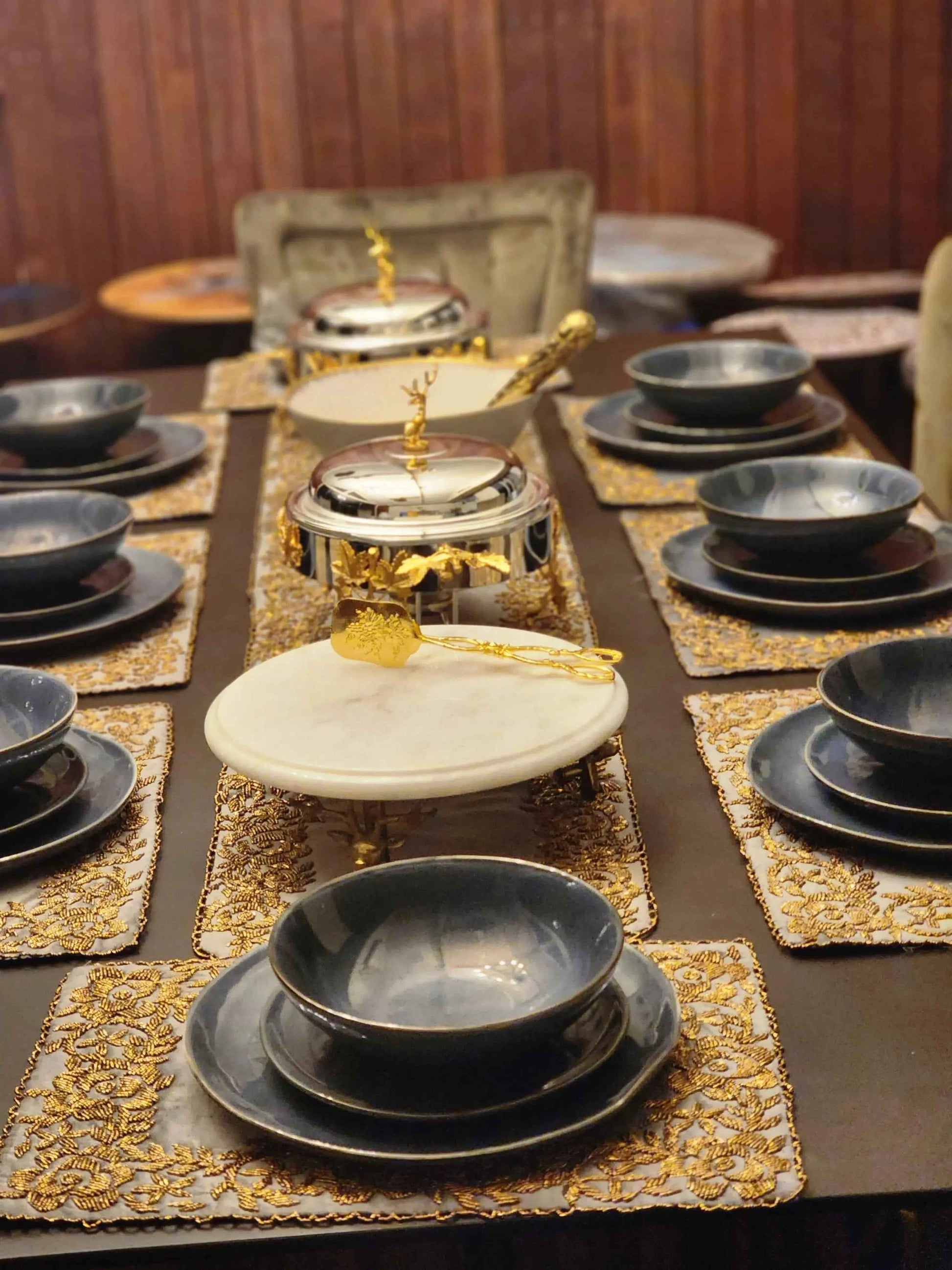 Grey and Gold Handmade Beaded Table Runner Set (Border Design)