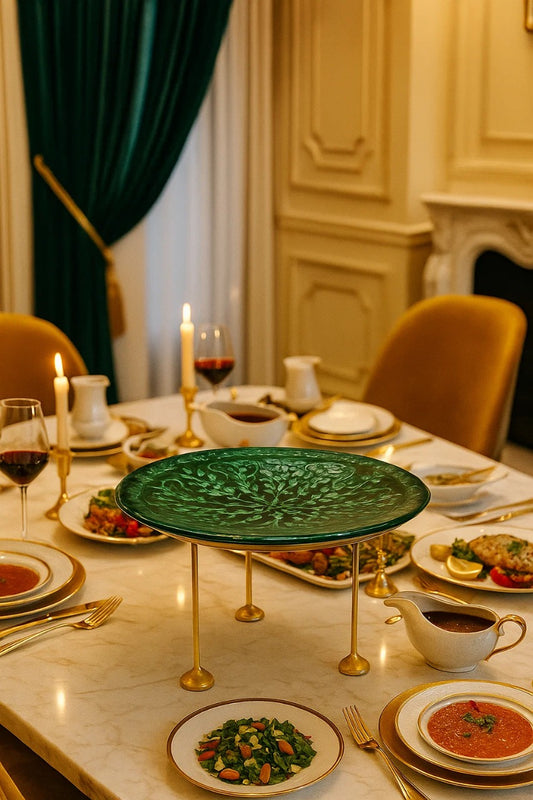 Hand-Painted Emerald Green Serving dish with stand