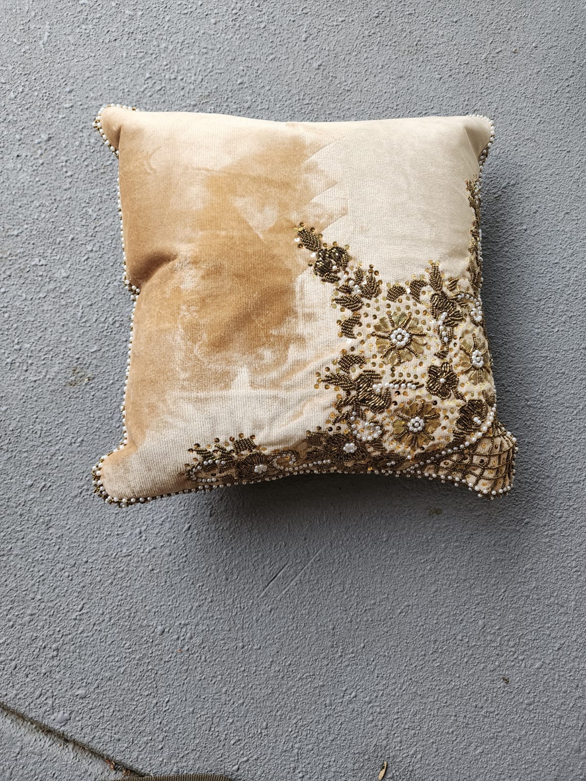 Handmade Velvet Cushion Cover (Beige and Gold - design 2)
