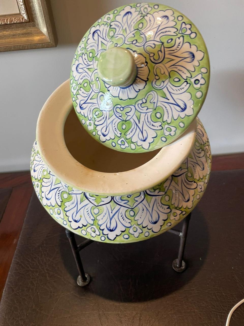 Handmade Ceramic serving pot- Handi with stand - Green