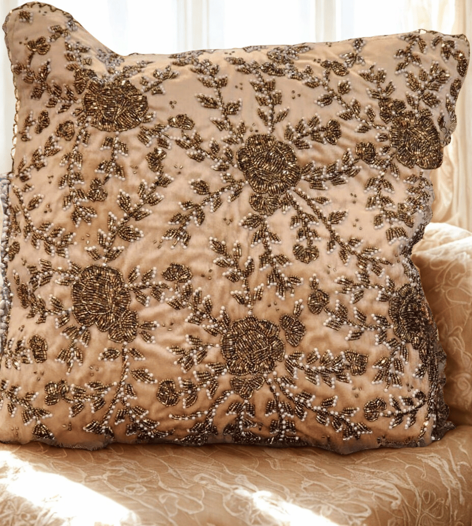 Handmade Velvet Cushion Cover (Beige and Gold - design 1)