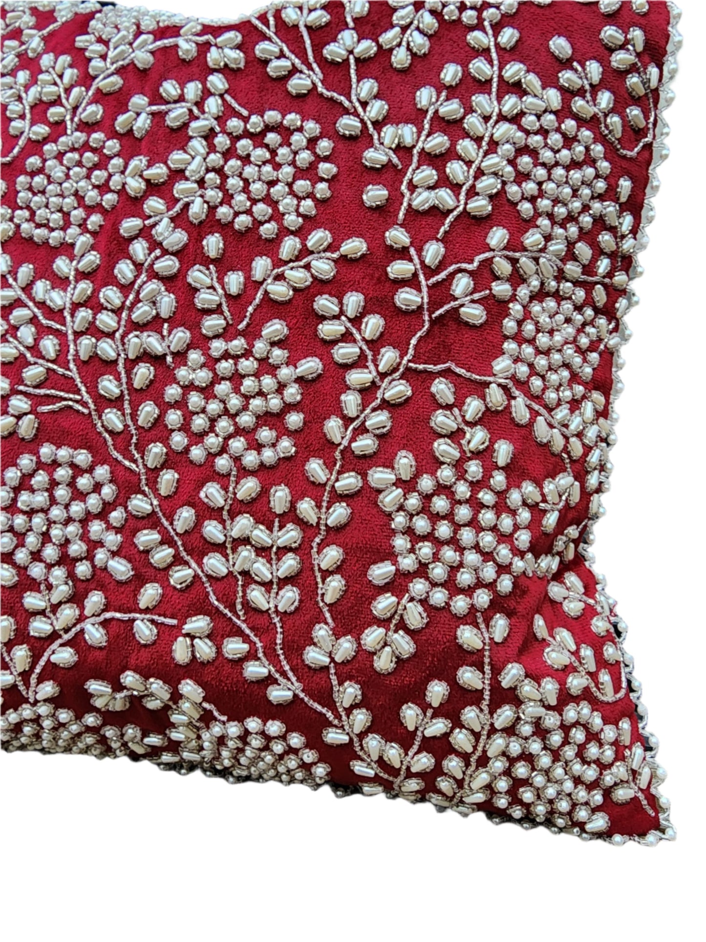 Handmade Velvet Cushion Cover (Red White and Pearl) - Handmade Stories