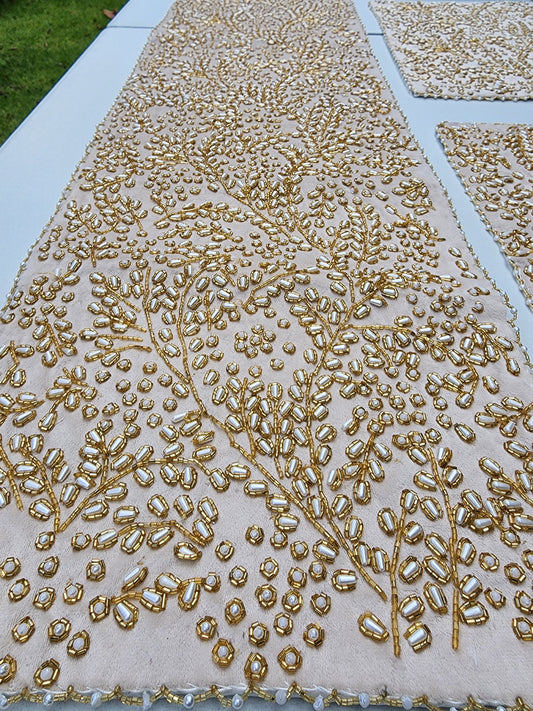 Handmade Beaded Table Runner Set (Cream Gold and Pearl) - Handmade Stories