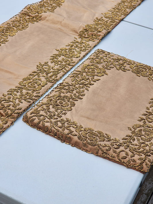 Handmade Beaded Table Runner Set - Beige and Gold (Design No 04) - Handmade Stories