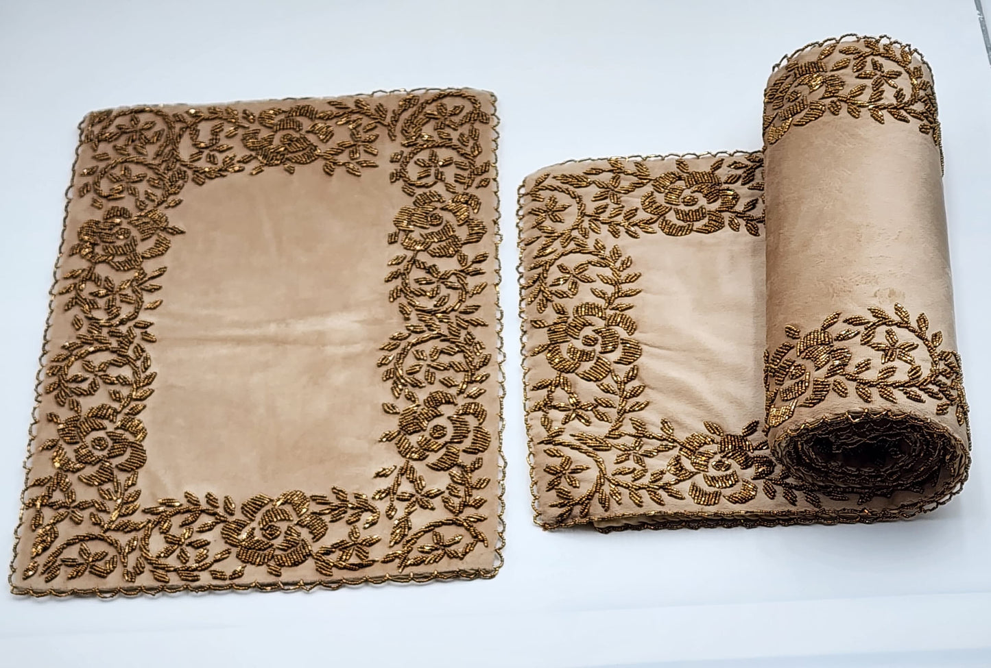 Beige and Gold Handmade Beaded Table Runner Set (Design 4)