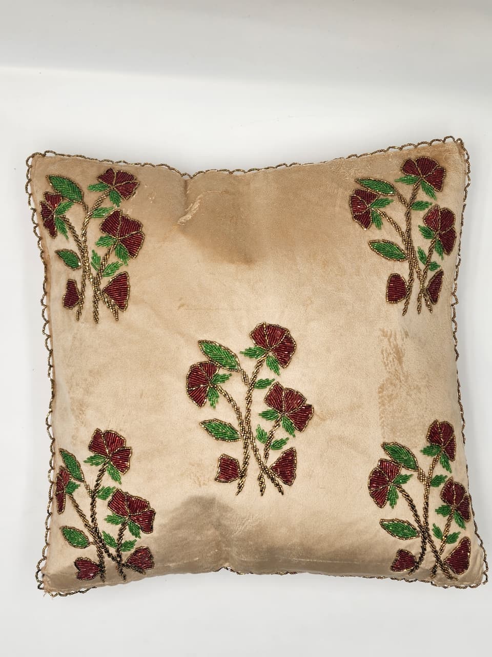 Handmade Velvet Cushion Cover (Beige Red and Green)