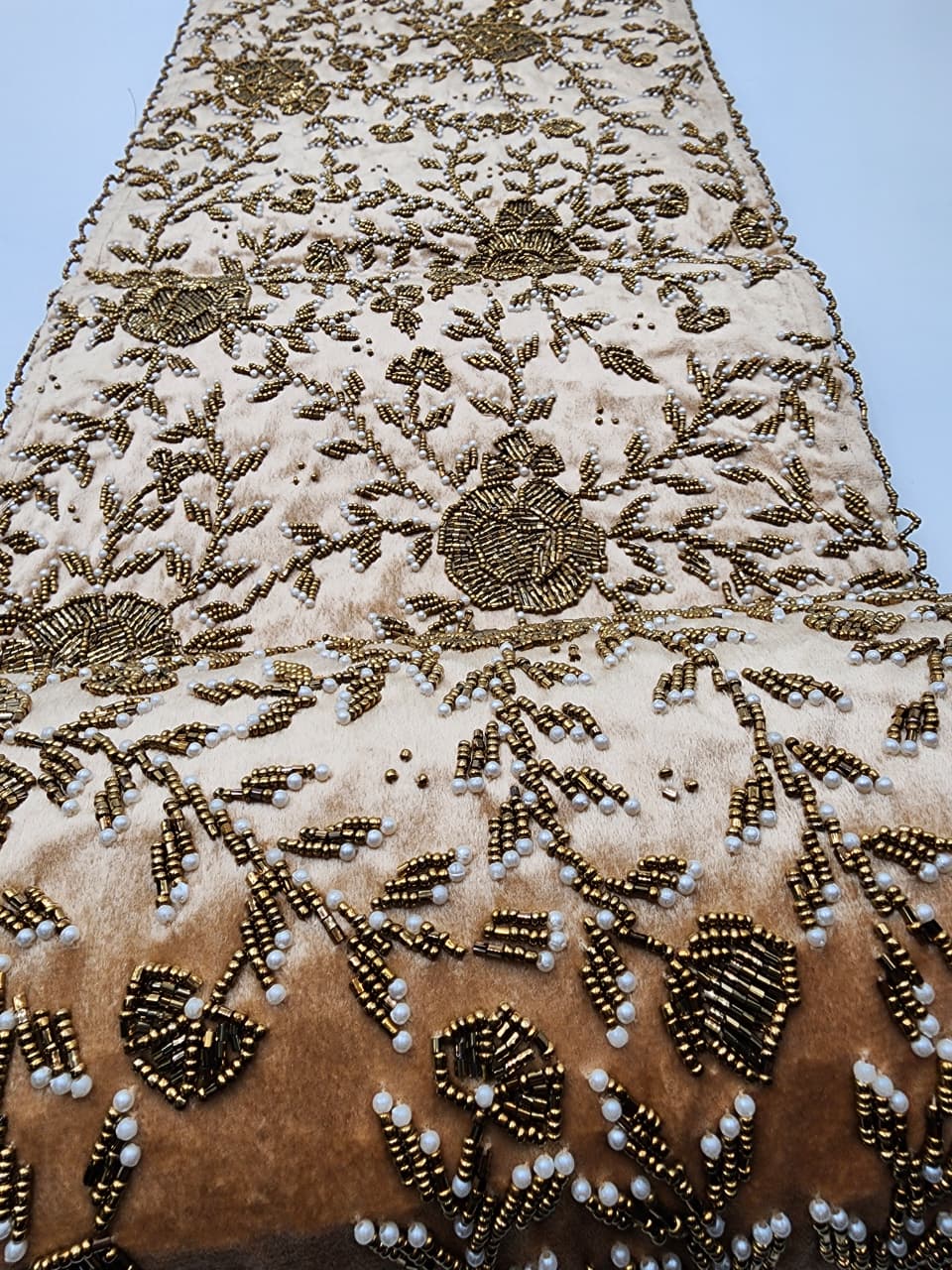 Handmade Beaded Table Runner (Beige Gold & pearl)