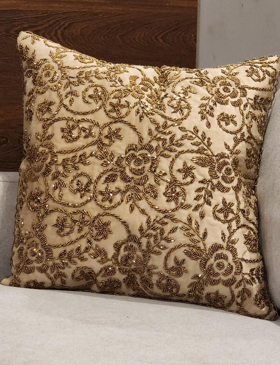 Handmade Velvet Cushion Cover (Beige and Gold)