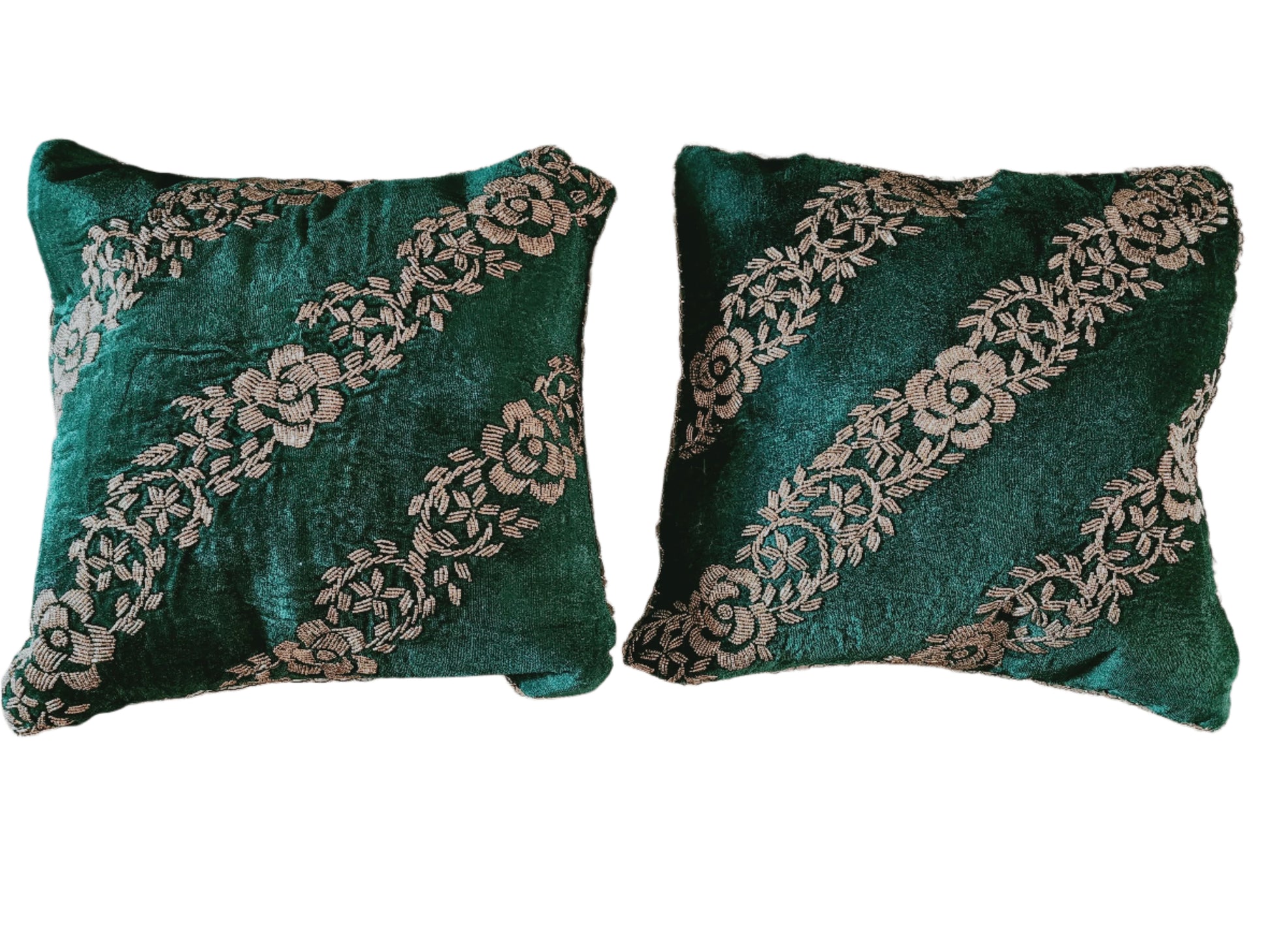 Handmade velvet Cushion Cover Emerald green (Diagonal Stripes) - Handmade Stories