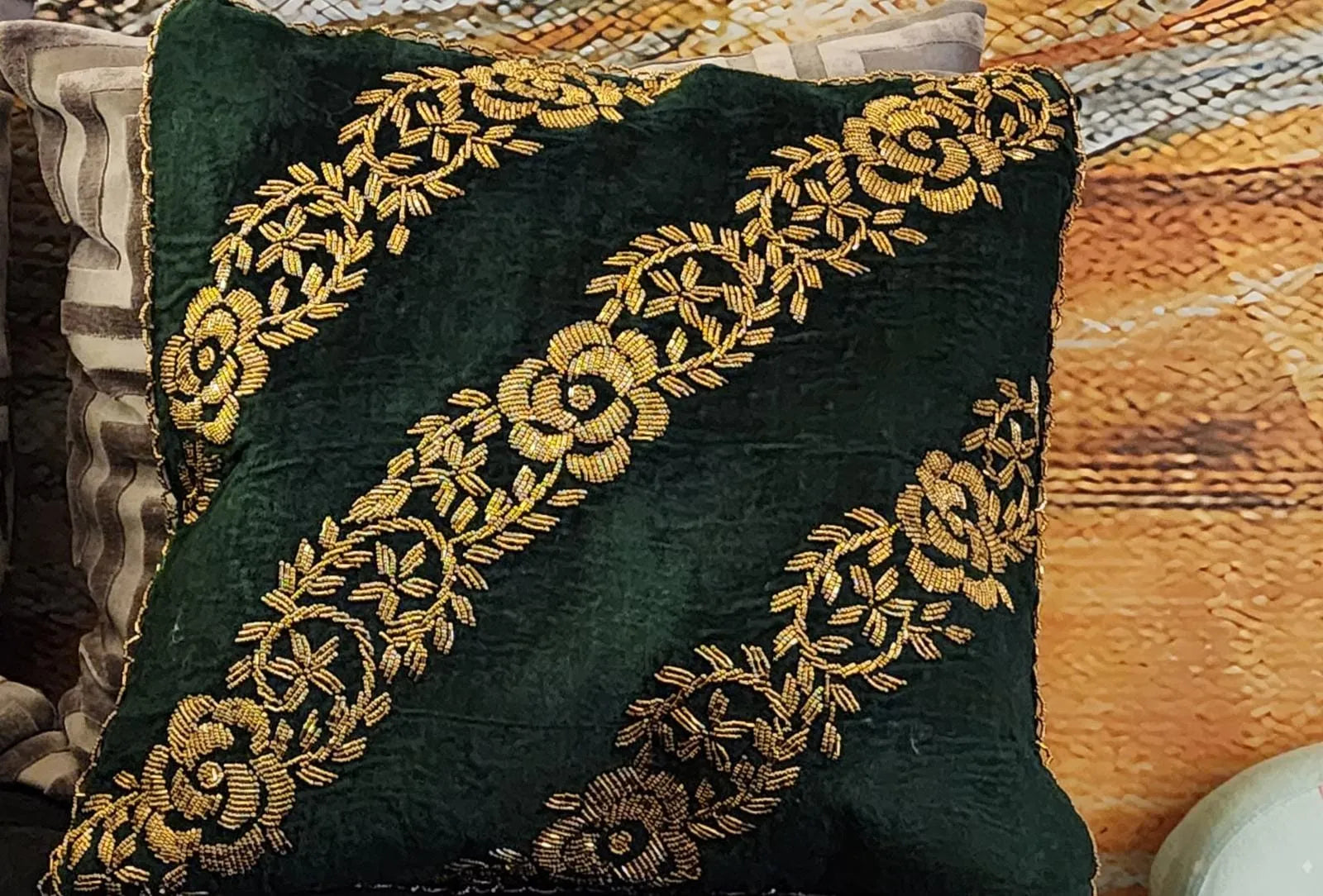 Handmade velvet Cushion Cover Emerald green (Diagonal Stripes) - Handmade Stories