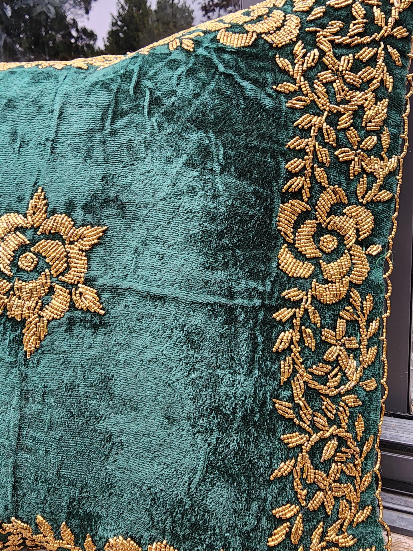 Handmade velvet Cushion Cover (Emerald Green and Gold) border - Handmade Stories