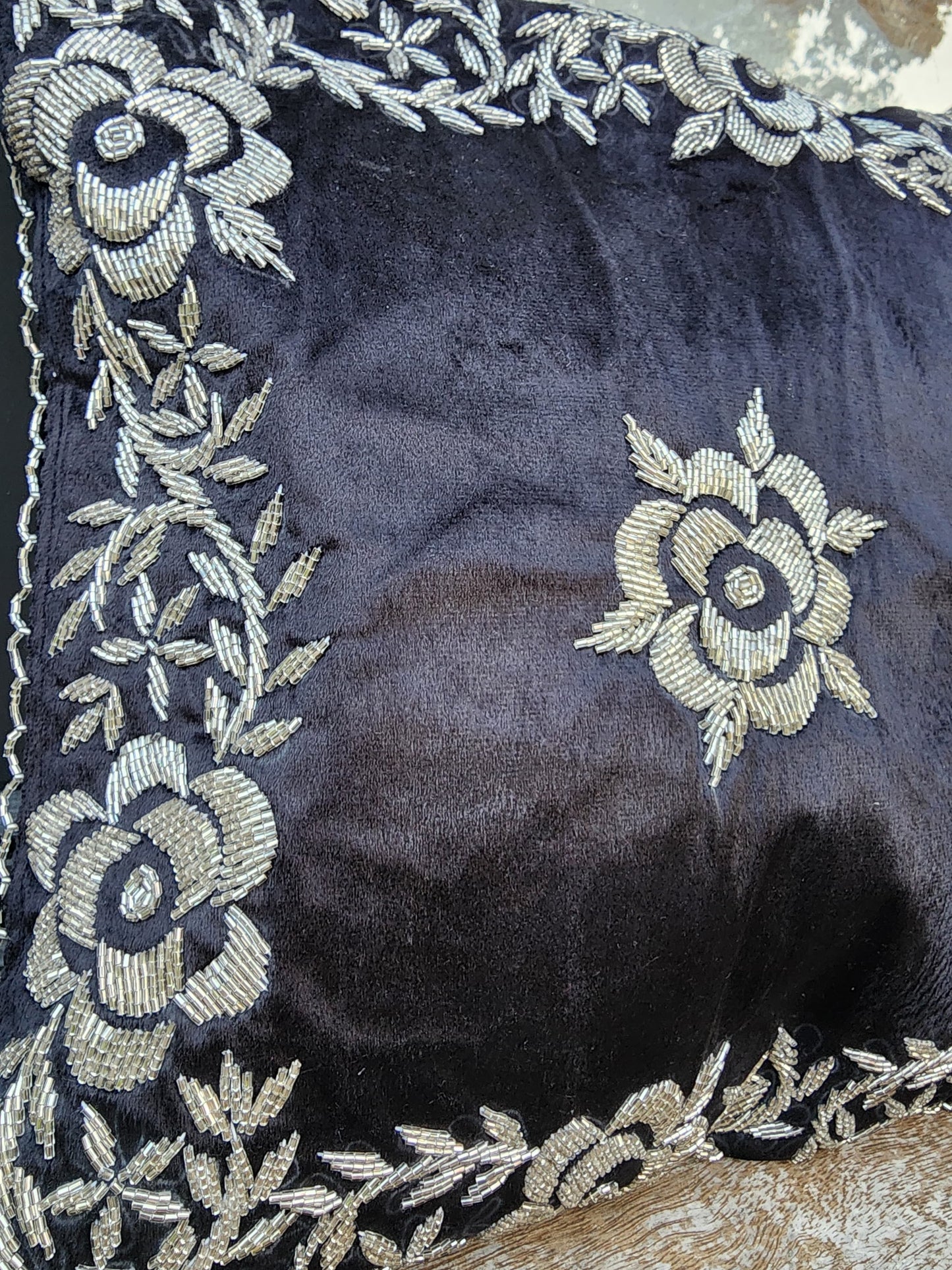 Handmade velvet Cushion Cover (Black and Silver) - Handmade Stories