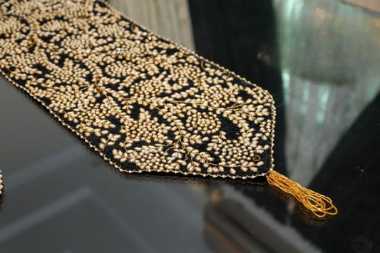 Handmade Table Runner (Black and Gold with Pearl) - Handmade Stories