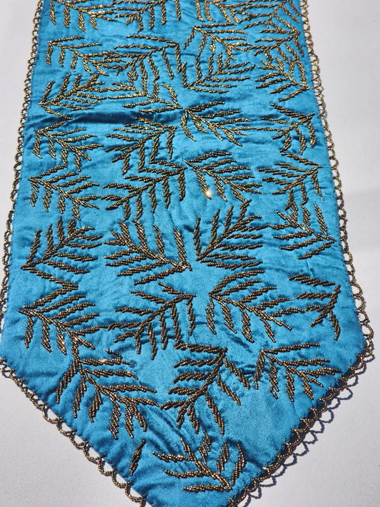 Handmade Beaded Runner- Sea Green and Gold-2 - Handmade Stories