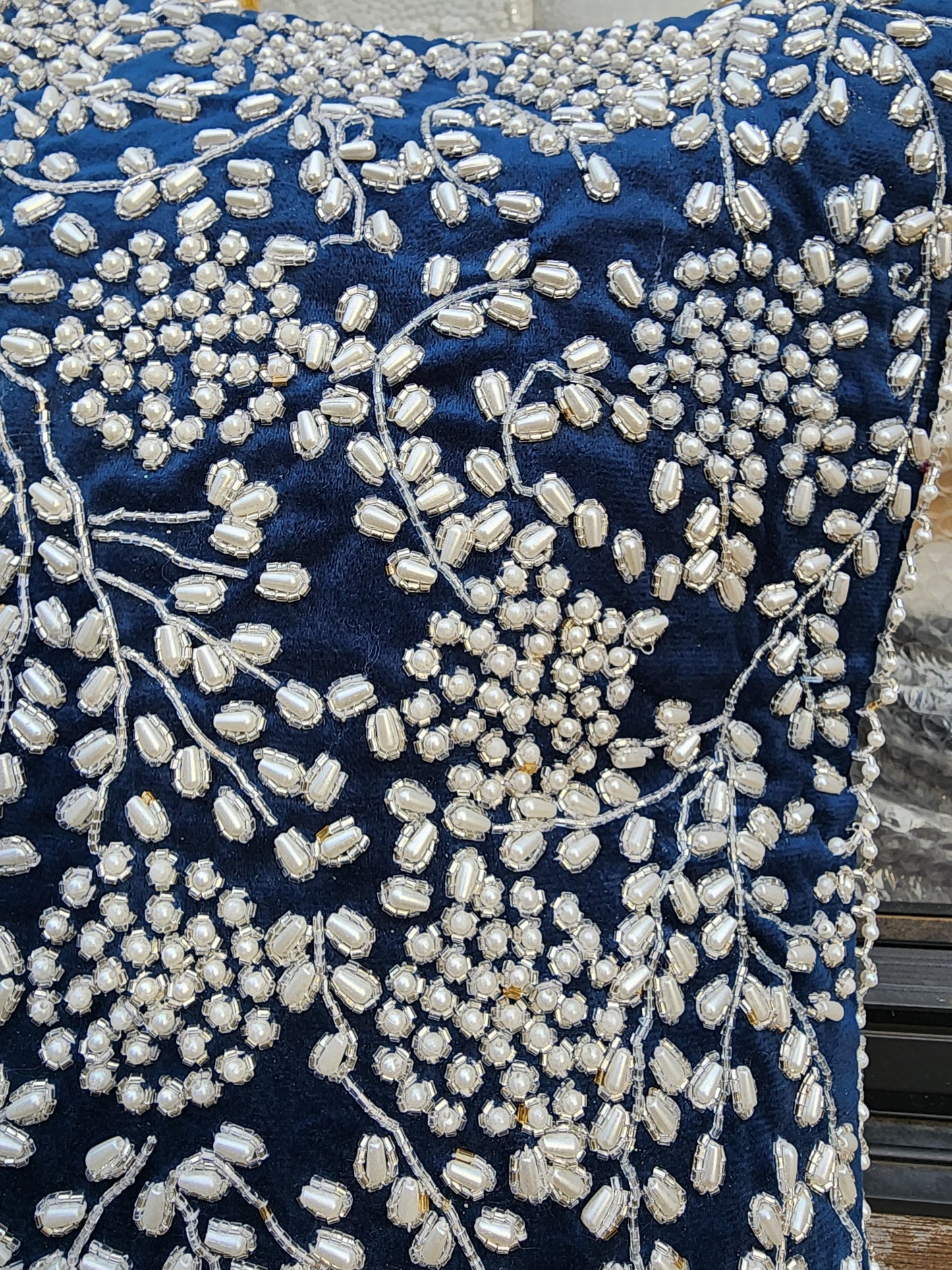 Handmade Velvet Cushion Cover (Royal blue pearl and Silver) - Handmade Stories