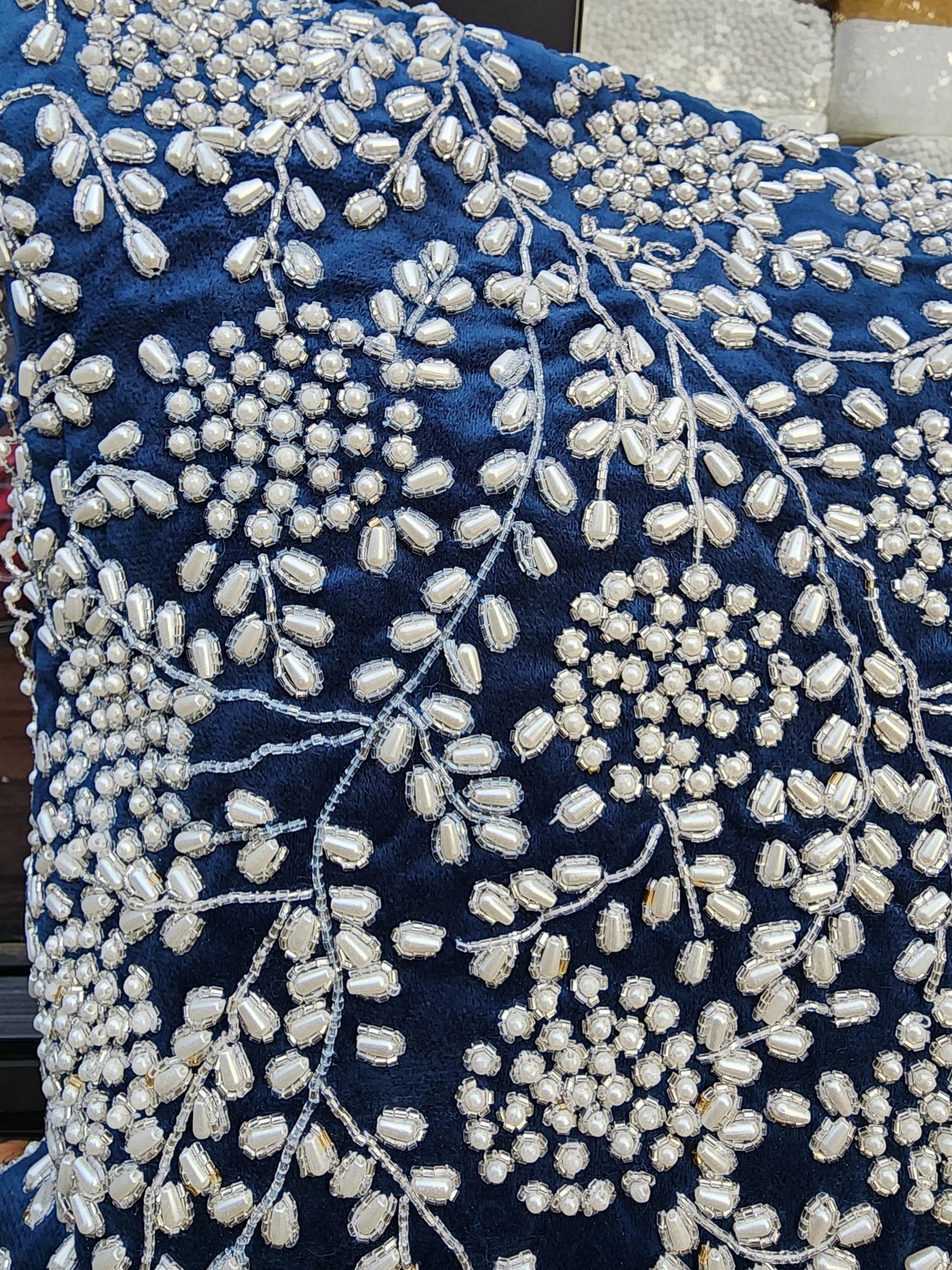 Handmade Velvet Cushion Cover (Royal blue pearl and Silver) - Handmade Stories