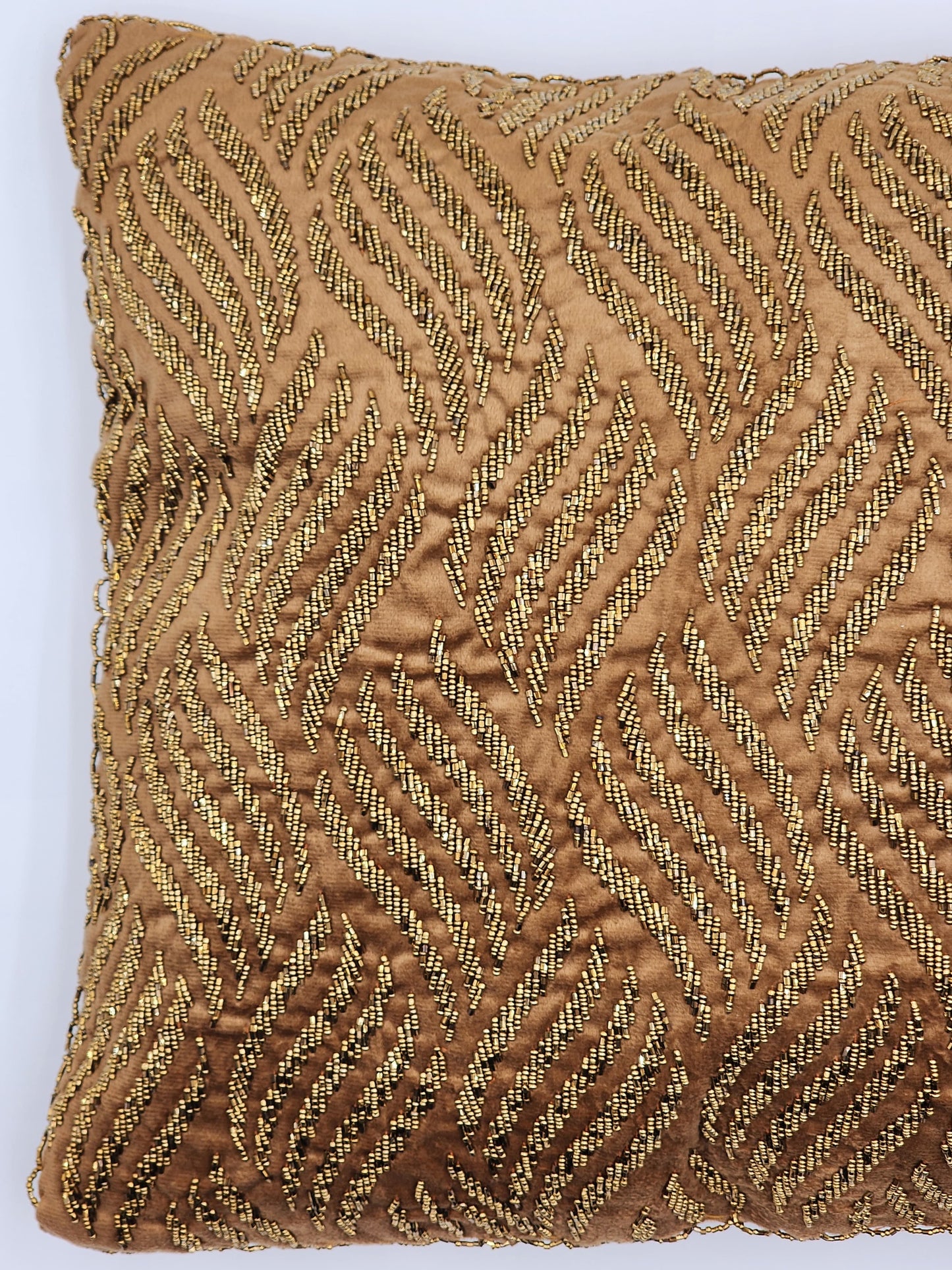 Handmade velvet Beaded Cushion Cover (Brown and gold)