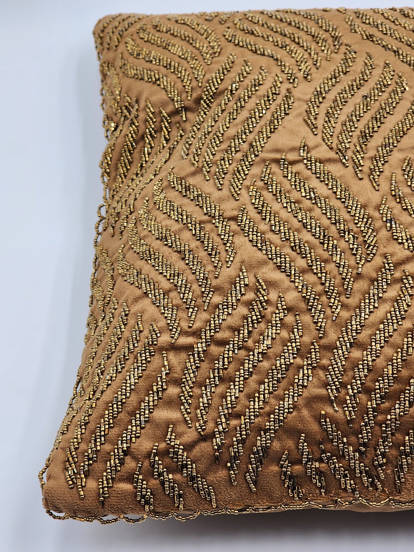 Handmade velvet Beaded Cushion Cover (Brown and gold)