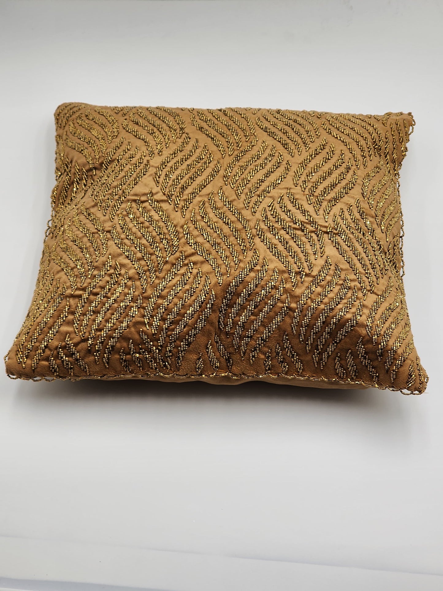 Handmade velvet Beaded Cushion Cover (Brown and gold)