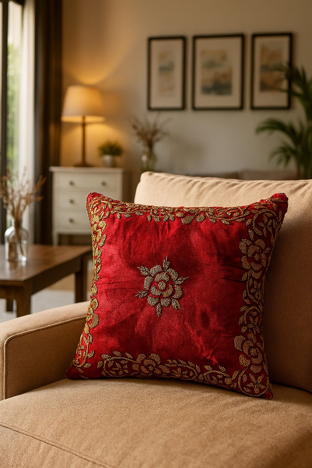 Handmade velvet Cushion Cover (Burgundy and Gold) - Handmade Stories
