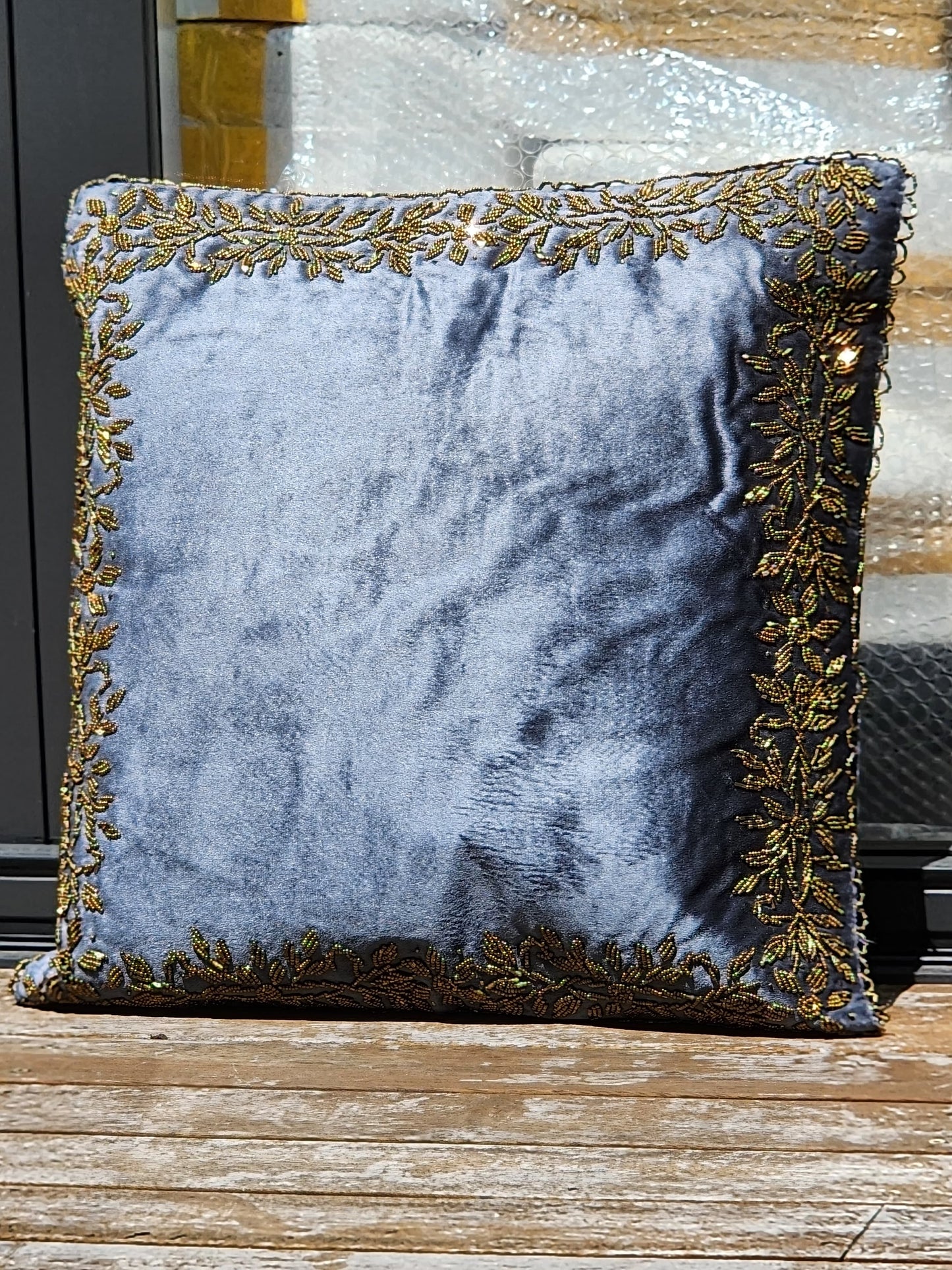 Handmade Velvet Cushion Cover (Grey and Gold) - Handmade Stories