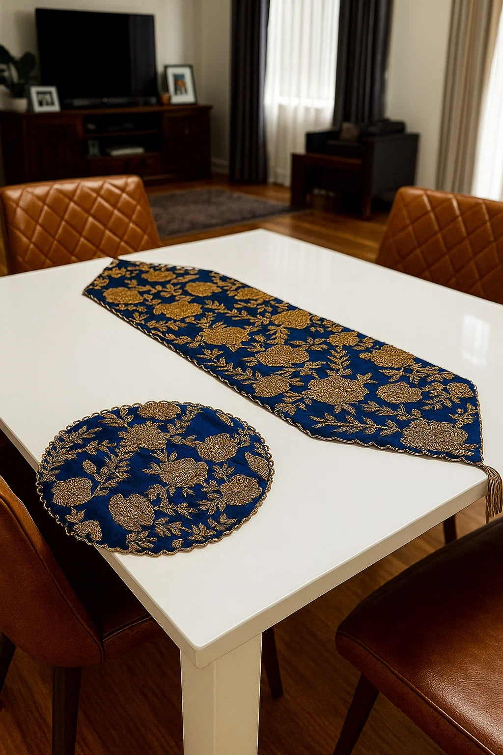 Handmade Beaded Table Runner Set- Cobalt Blue