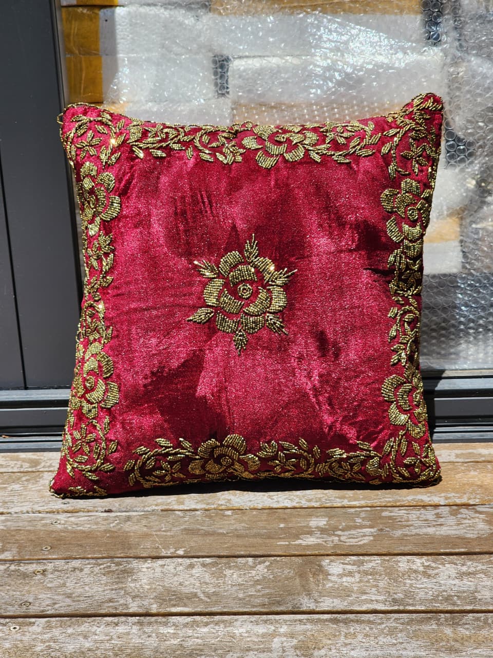 Handmade velvet Cushion Cover (Burgundy and Gold) - Handmade Stories