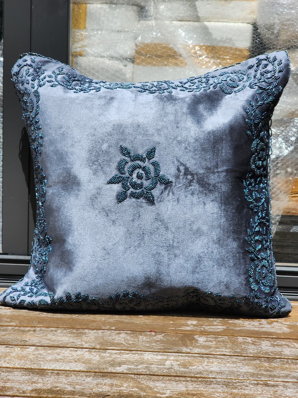 Handmade Velvet Cushion Cover (Grey on Grey) - Handmade Stories