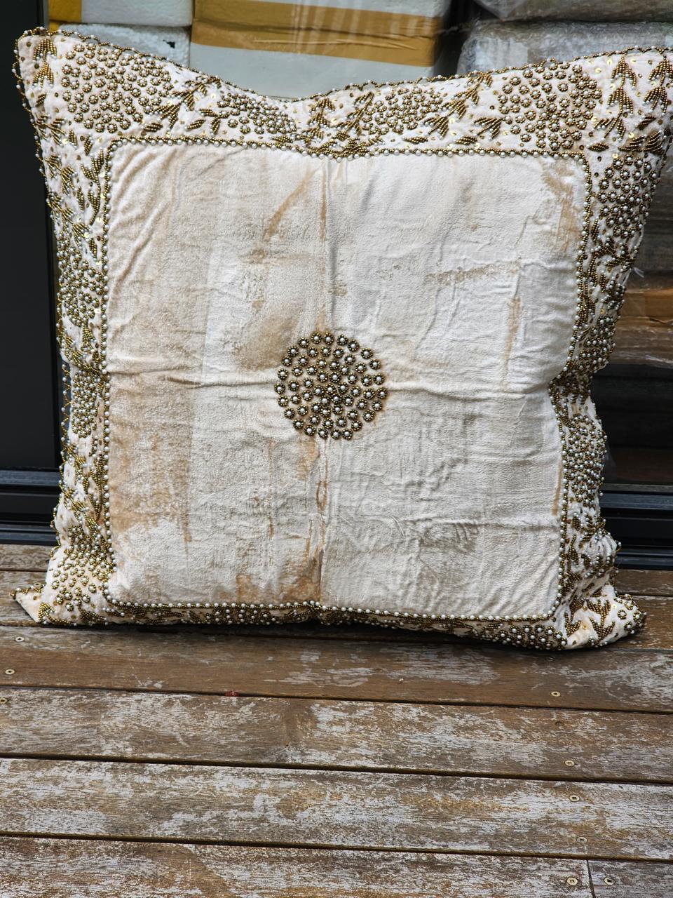 Handmade velvet Beaded Cushion (cream Beige and gold)