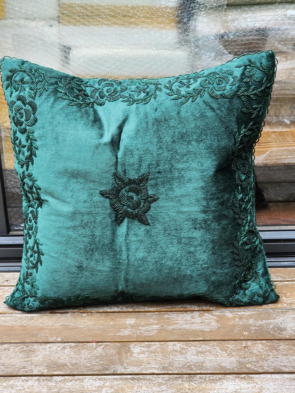 Handmade Velvet Cushion Cover (Green on Green) - Handmade Stories