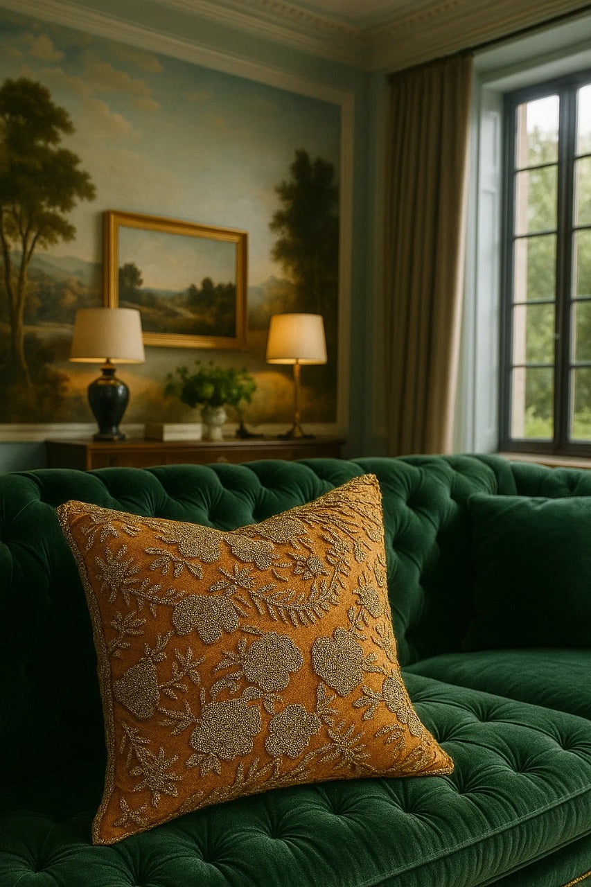 Handmade velvet Cushion Cover (Mustard With Floral Design) - Handmade Stories