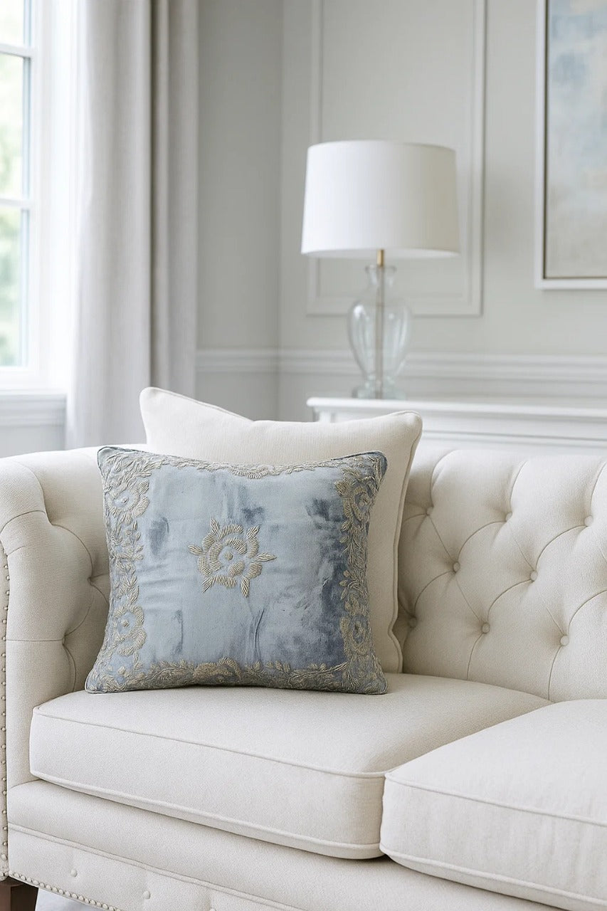 Handmade velvet Cushion Cover (Light blue and Silver) - Handmade Stories