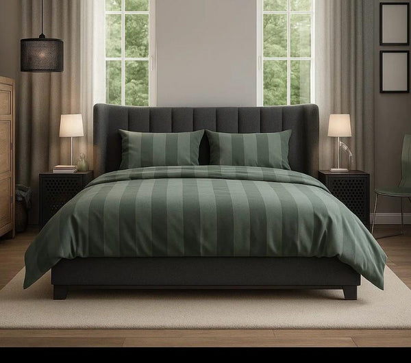 Premium Quality Bed Sheet Set With Flat Sheet (Stripe olive green)