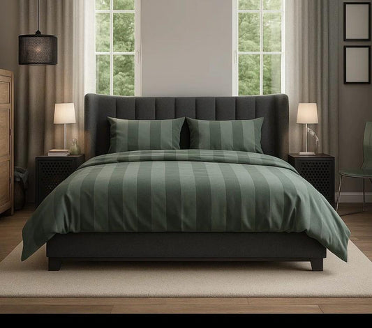 Premium Quality Bed Sheet Set With Flat Sheet (Stripe olive green)