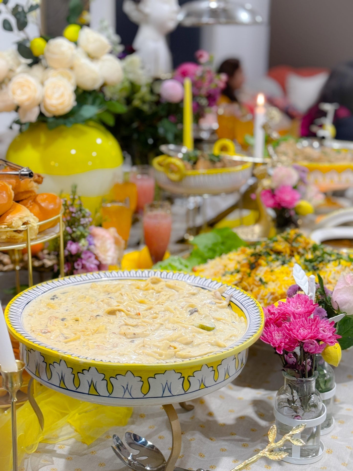 Hand-painted ceramic serving dish with stand