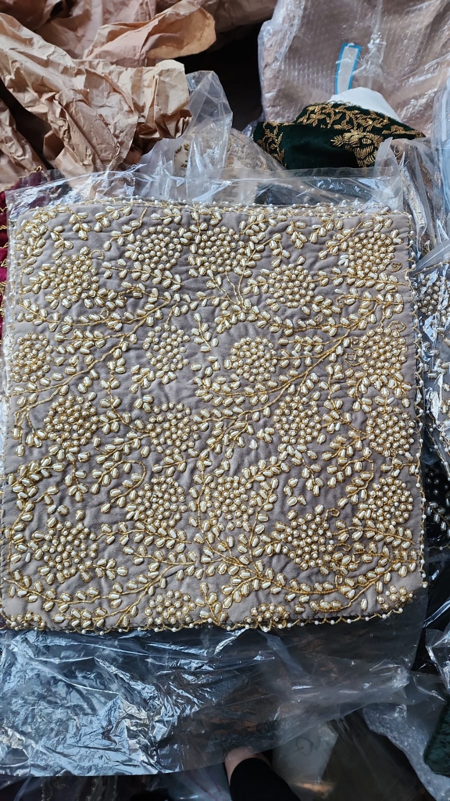 Handmade velvet Cushion Cover (Greyish Beige Pearl & Silver)