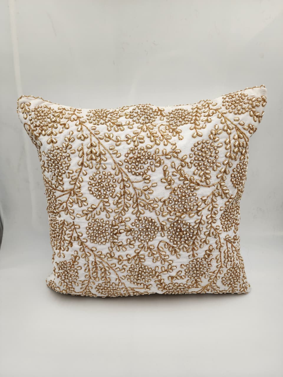 Handmade Velvet Cushion Cover (Ivory White Gold and Pearl)