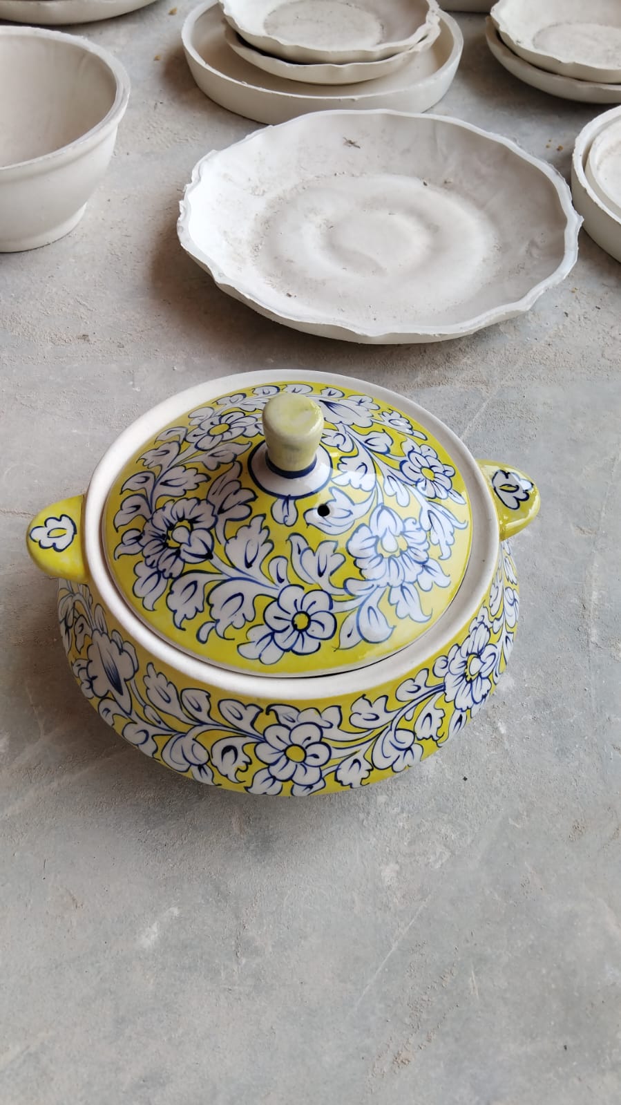 Handmade ceramic serving pot with stand - Handi (Yellow)
