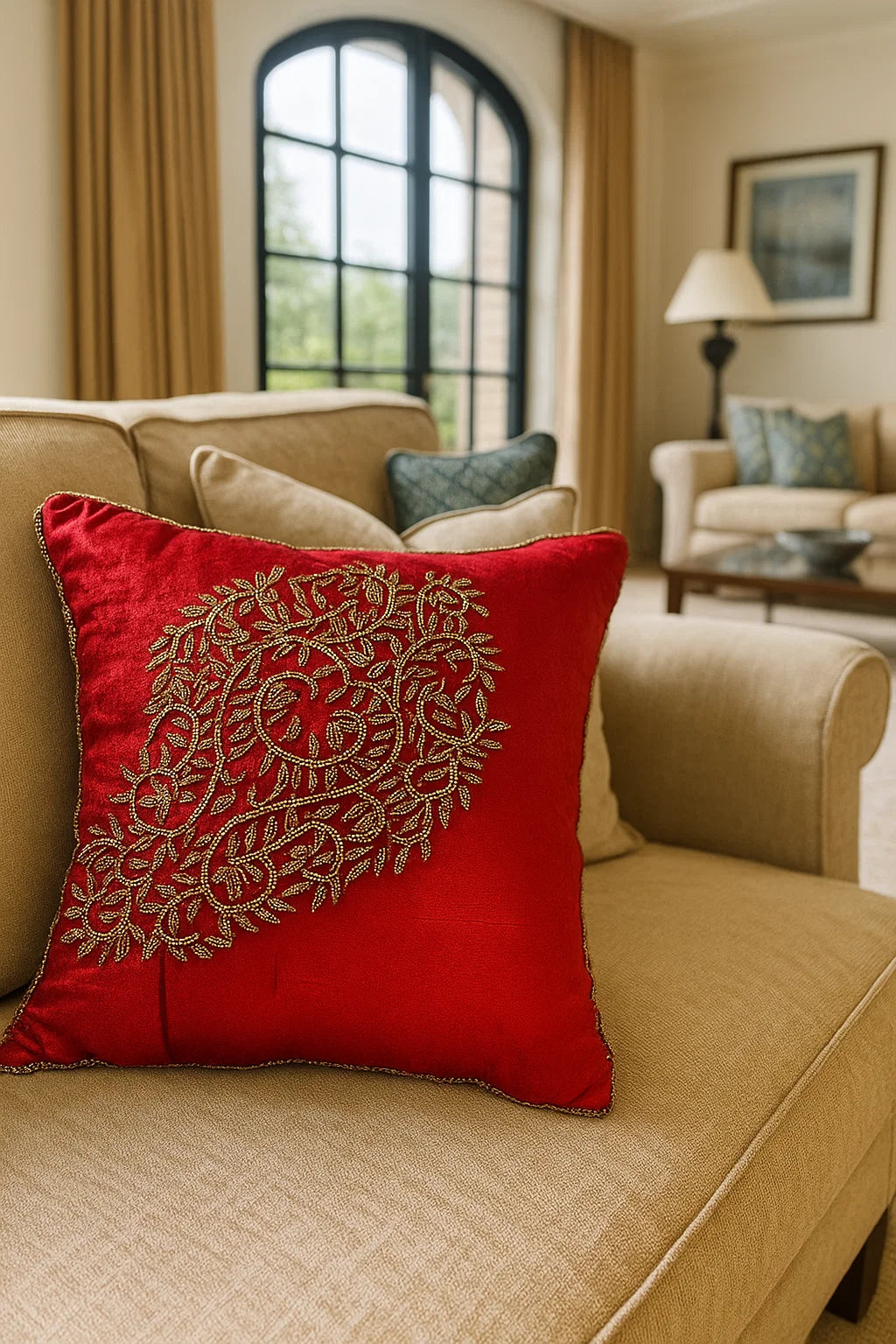 Handmade velvet Cushion Cover (Gold on Red) Design-II
