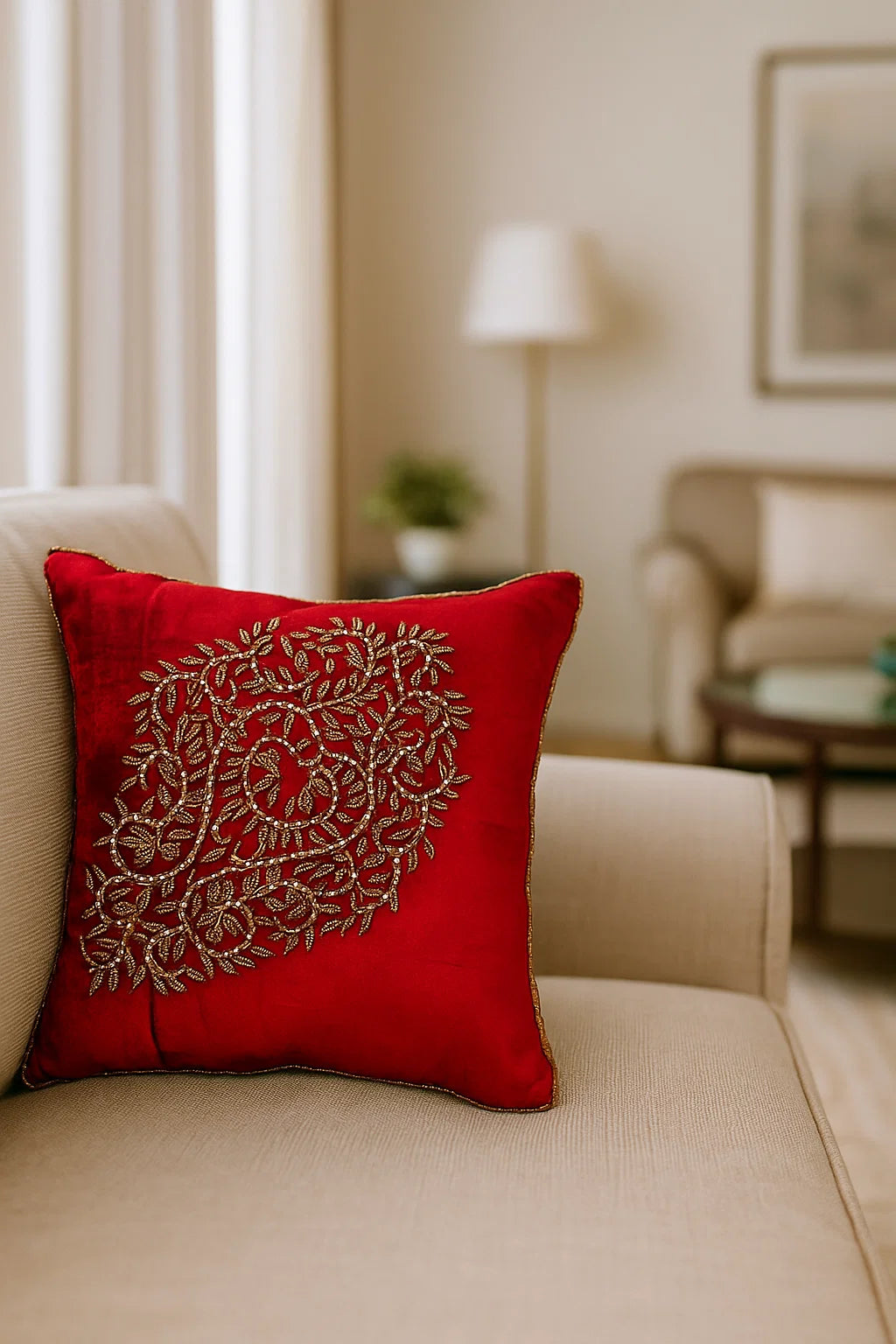 Handmade velvet Cushion Cover (Gold on Red) Design-II